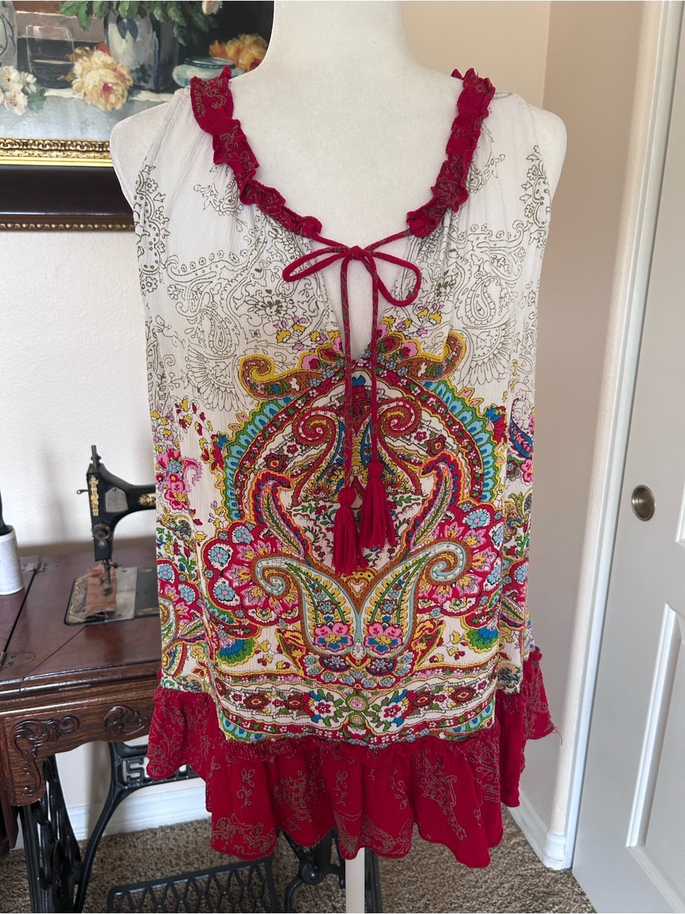 BILA Flowy Red & White Boho Tassel Tank Top